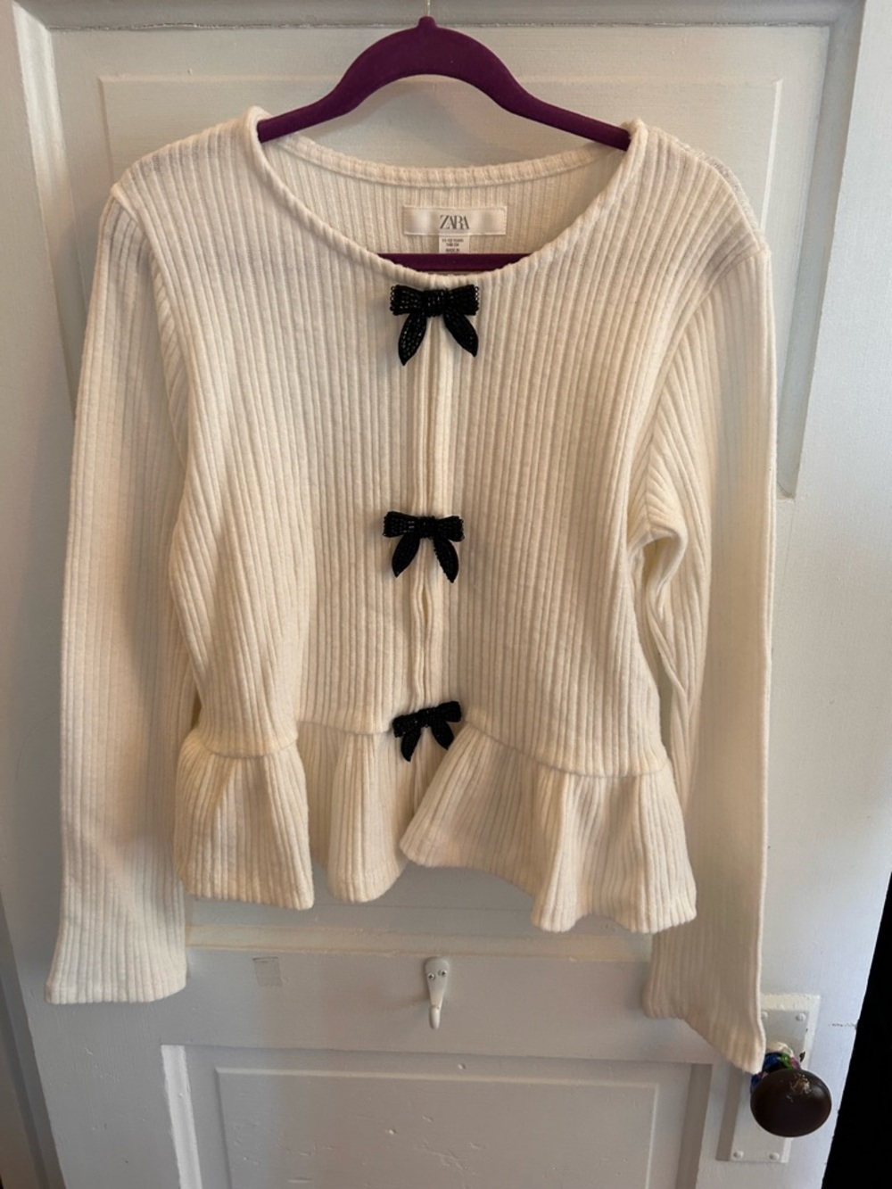 Zara Cream Ribbed Peplum Sweater with Black Bow Details
